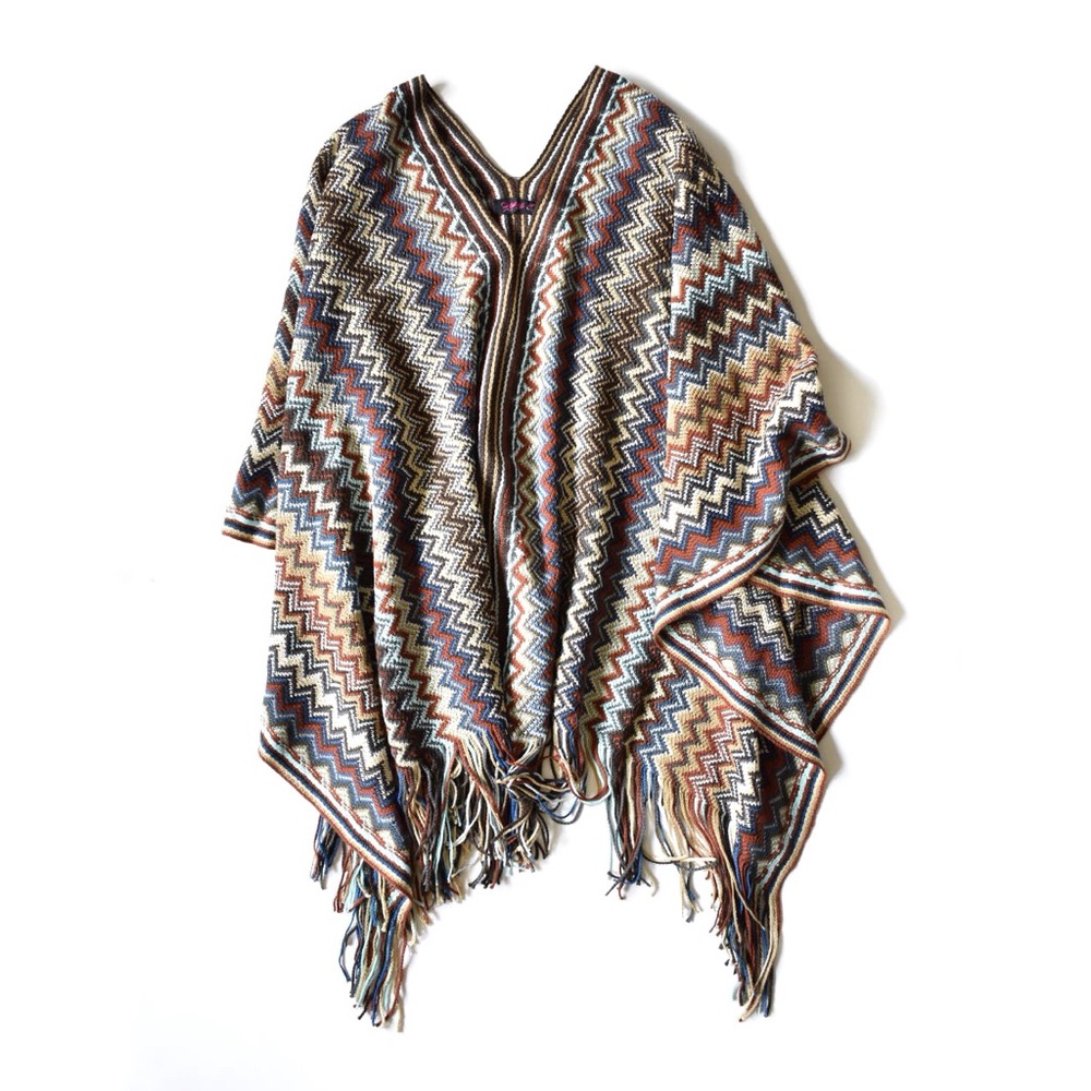 Kimberly C. Zig-Zag Fringe Knit Poncho
